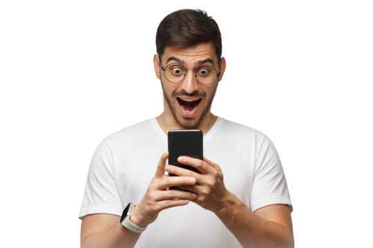 Young handsome man in white t-shirt, wearing round glasses, holding phone in hands, looking at screen with omg wow face