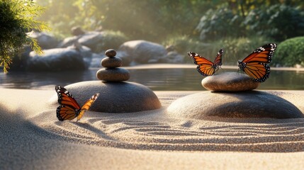 A serene scene featuring smooth stones, gentle sand patterns, and vibrant butterflies, creating a peaceful, nature-inspired atmosphere.