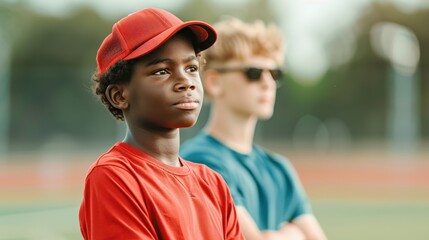 Young athlete in red cap standing outdoors with a friend in the background, focused on the game