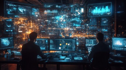 Two men working in a dark room with multiple monitors displaying complex data and glowing futuristic technology.