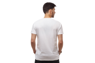 Back view of young man standing with hands in pockets, wearing blank t-shirt with copy space