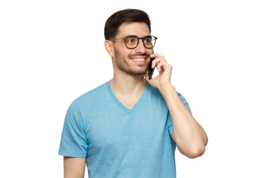 Young man wearing blue t-shirt and talking on phone