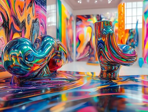 Abstract sculptures in vibrant colors, a modern art gallery setting.