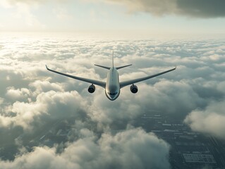 Obraz premium Airplane flying above the clouds with a view of the city below.
