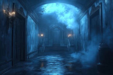 Fototapeta premium haunting halloween corridor ancient mansion flickering candles eerie shadows ghostly fog creaking door ajar moonlight spilling in gothic architecture