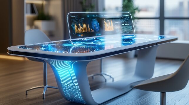 Smart table with embedded touchscreen, futuristic design, interactive tech objects