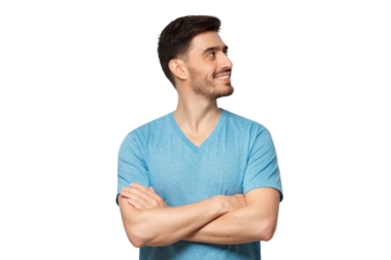 Young man in blue t-shirt with crossed arms