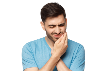 Toothache concept. Young man feeling pain, holding his cheek with hand, suffering with painful expression