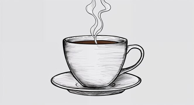 Hand drawing clipart of a coffee cup steaming on plain white background