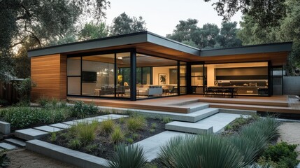 Fototapeta premium An elegant modern home with a wooden exterior and large glass windows, surrounded by minimal landscaping.