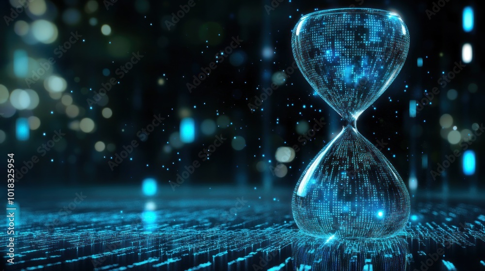 Wall mural digital pixel hourglass or binary code flowing like sand for time management applications,