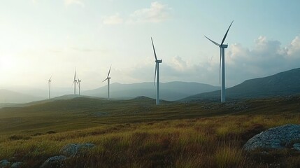 Obraz premium An expansive wind farm with multiple turbines in an open landscape.