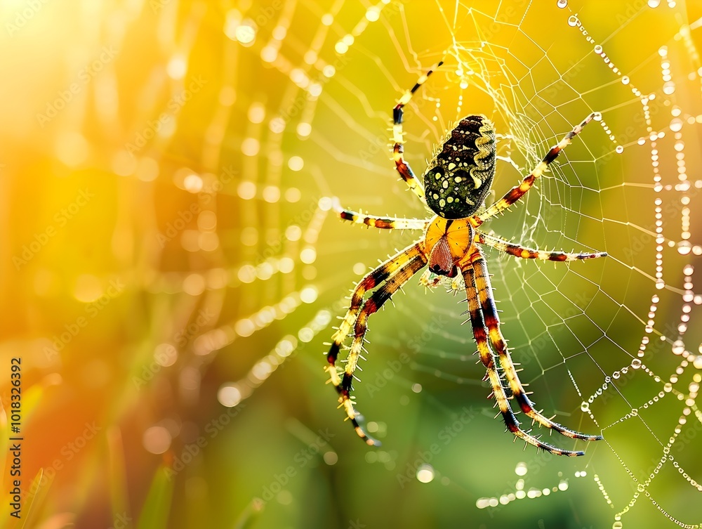 Wall mural Spider Web Glistening with Dew Drops in a Sunlit Garden Corner