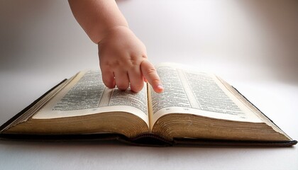 Naklejka premium A small child's hand lightly touching an open Bible