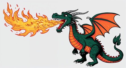 Hand drawing clipart of a dragon breathing fire on plain white background