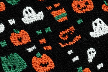 A knitted sweater pattern with pumpkins and ghost designs, featuring colorful details on a black background