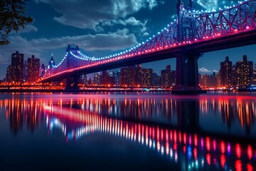 Fototapeta premium Illuminated bridge over city skyline at night.