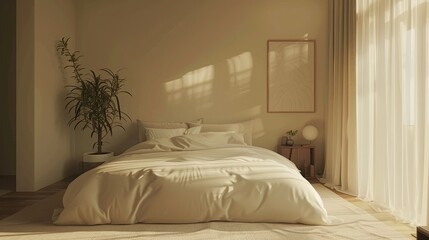 A serene bedroom with a large, plush bed, minimalist decor, and soft natural light