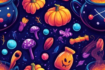 A vibrant and colorful cartoon-style pattern featuring playful pumpkins