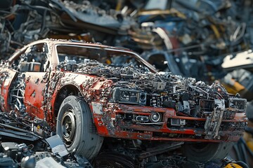 Fototapeta premium Rusty car in a junkyard with exposed engine.
