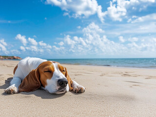 basset hound on the beach