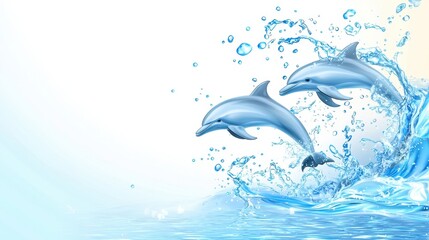 Dolphins swimming gracefully amidst splashes of blue water.