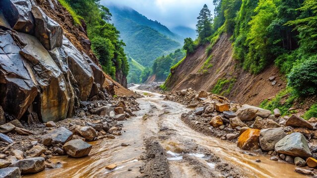 Muddy wet road with rocks in mountains during dangerous landslides