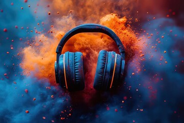 headphones surrounded by vibrant color powder creating an explosion of hues that embodies the spirit of music and festival culture
