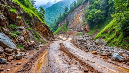 muddy wet road with rocks in mountains, dangerous landslides on mountain road macro