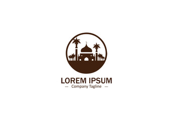 A beautiful silhouette of a mosque surrounded by palm trees within a circular frame logo vector icon illustration.