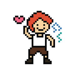 Cute cartoon pixel character cute man exercises training dance lifestyle music decoration life style 8 bit male boy dance with music game fitness isolated PNG vector.
