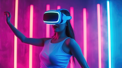 A woman wearing a VR headset, interacting in a virtual environment illuminated by vibrant neon lights. Concept of futuristic technology, immersive experiences, and digital exploration