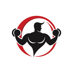 Muscular Fitness Icon. A black and red silhouette of a bodybuilder lifting dumbbells within a circular frame.