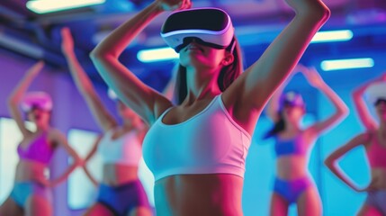 A plus-size woman wearing virtual reality goggles, immersed in a workout session in a modern, neon-lit gym. The image promotes inclusivity in fitness and technology