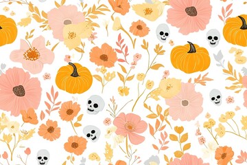 A seamless pattern of pastel-colored flowers and pumpkin leaves, with small skulls 