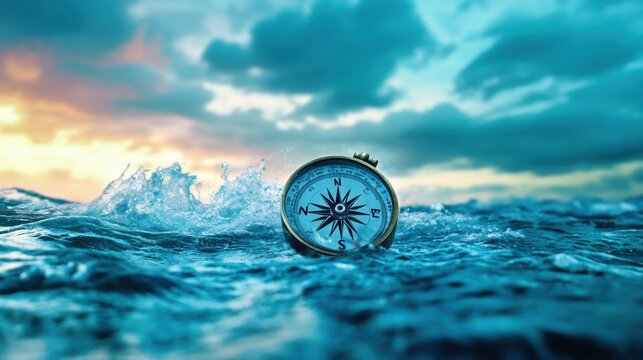 Compass Adrift in Ocean Waters at Sunrise