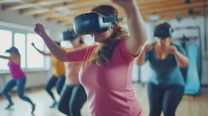 A plus-size woman wearing virtual reality goggles, immersed in a workout session in a modern, neon-lit gym. The image promotes inclusivity in fitness and technology