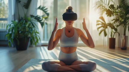 A woman sitting cross-legged on a yoga mat, wearing VR goggles, practicing meditation in a bright, modern living room with natural sunlight streaming in
