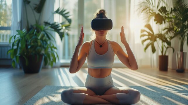 A woman sitting cross-legged on a yoga mat, wearing VR goggles, practicing meditation in a bright, modern living room with natural sunlight streaming in