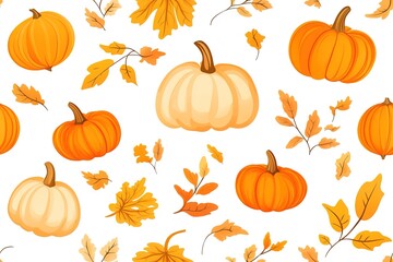 Pumpkins and autumn leaves seamless pattern on white background vector illustration