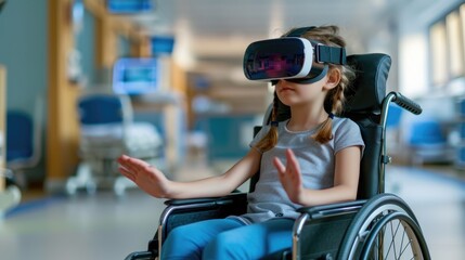 A young girl in a wheelchair engages with a virtual reality experience while in a hospital, highlighting the use of technology for therapy or entertainment in healthcare settings - Powered by Adobe