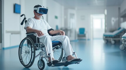 A man in a wheelchair explores virtual reality in a bright hospital corridor, showcasing the integration of technology and healthcare for therapy or entertainment