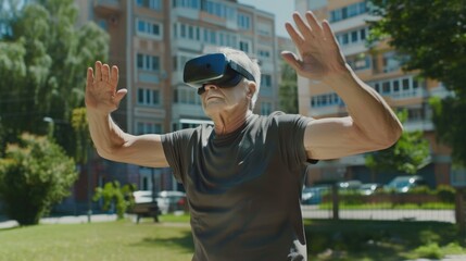 An elderly man using a VR headset for an outdoor workout in a sunny park, blending physical fitness and virtual reality for an innovative fitness experience