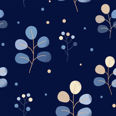 Seamless pattern Elegant eucalyptus with green-blue leaves. For fabric design, decor, packaging. Vector illustration