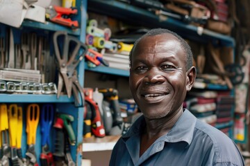 Fototapeta premium smiling and laughingafrican middle aged man in a hardware warehouse standing selects a repair tool
