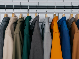 Black and gray dress clothes in modern shop display with white square tile wall, black grout line for clothing 