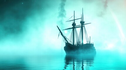 Fototapeta premium Mysterious Ship Silhouette on Foggy Water
