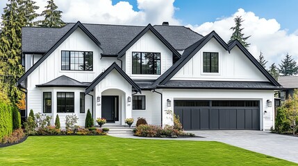 White house with black trim and garage door.