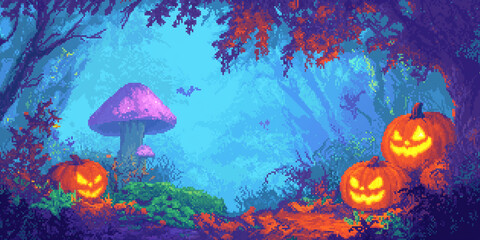 A pixel art Halloween forest with neon glow pumpkins, oversized mushrooms, and mist.
