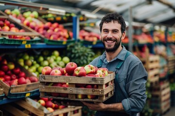 Smiling worker holding crate full of red delicious apples in organic food factory warehouse. Food industry concept.
